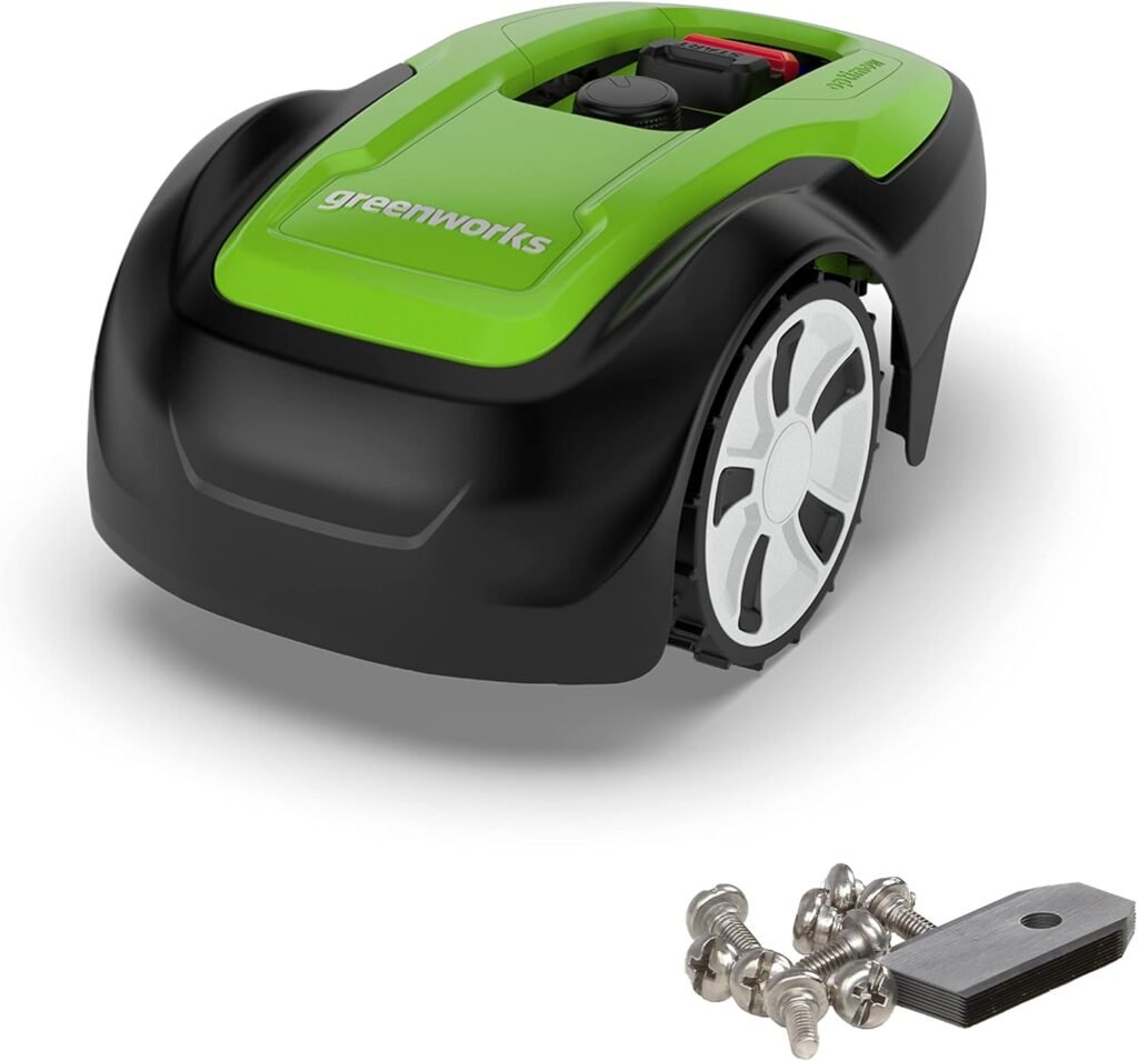 Greenworks Optimow S Robot Lawnmower for Lawns up to 300m2 , Bluetooth App Controlled, Theft Protected, Year Guarantee + Greenworks Blades for Robotic Lawn Mowers (9 Blades Made of Stainless Steel) Greenworks Optimow S Robot Lawnmower for Lawns up to 300m2 , Bluetooth App Controlled, Theft Protected, Year Guarantee + Greenworks Blades for Robotic Lawn Mowers (9 Blades Made of Stainless Steel)