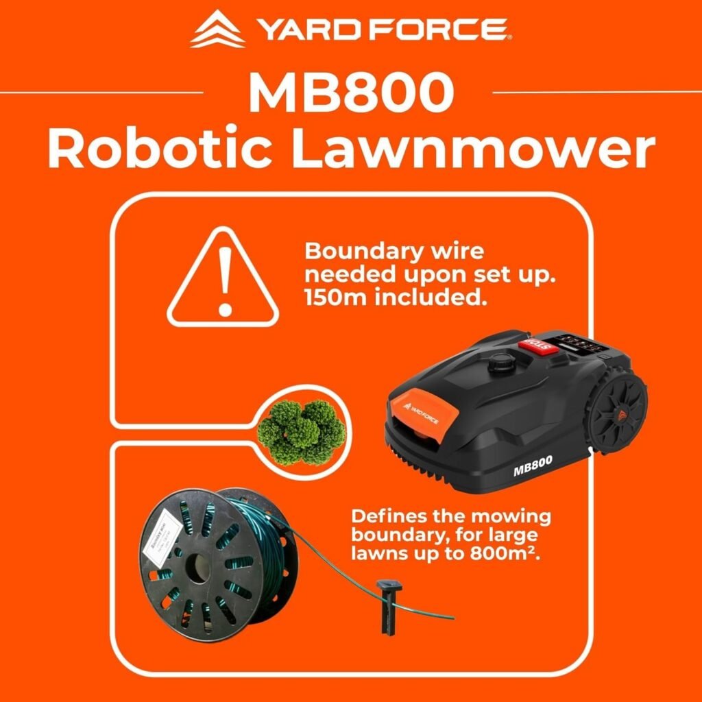 Yard Force MB800 Robotic Lawn Mower – Automatic Garden Robot, 20V Removable Lithium Battery, Bluetooth App Control, Adjustable 20–60mm Cutting Height, Ideal for Medium Lawns up to 800m² Yard Force MB800 Robotic Lawn Mower – Automatic Garden Robot, 20V Removable Lithium Battery, Bluetooth App Control, Adjustable 20–60mm Cutting Height, Ideal for Medium Lawns up to 800m²